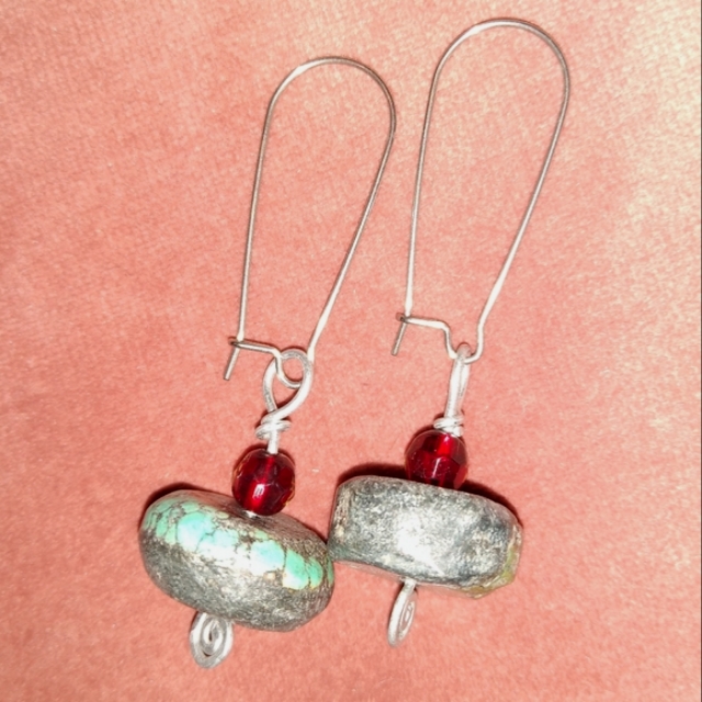 Turquoise Red Chunky Stone Handmade Gemstone Earrings Oversized Ear Wires Katta